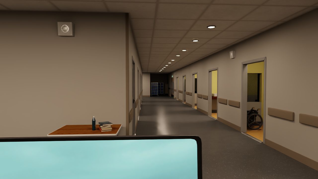 A hospital ward corridor in the WardZero simulation, seen from the nurse base