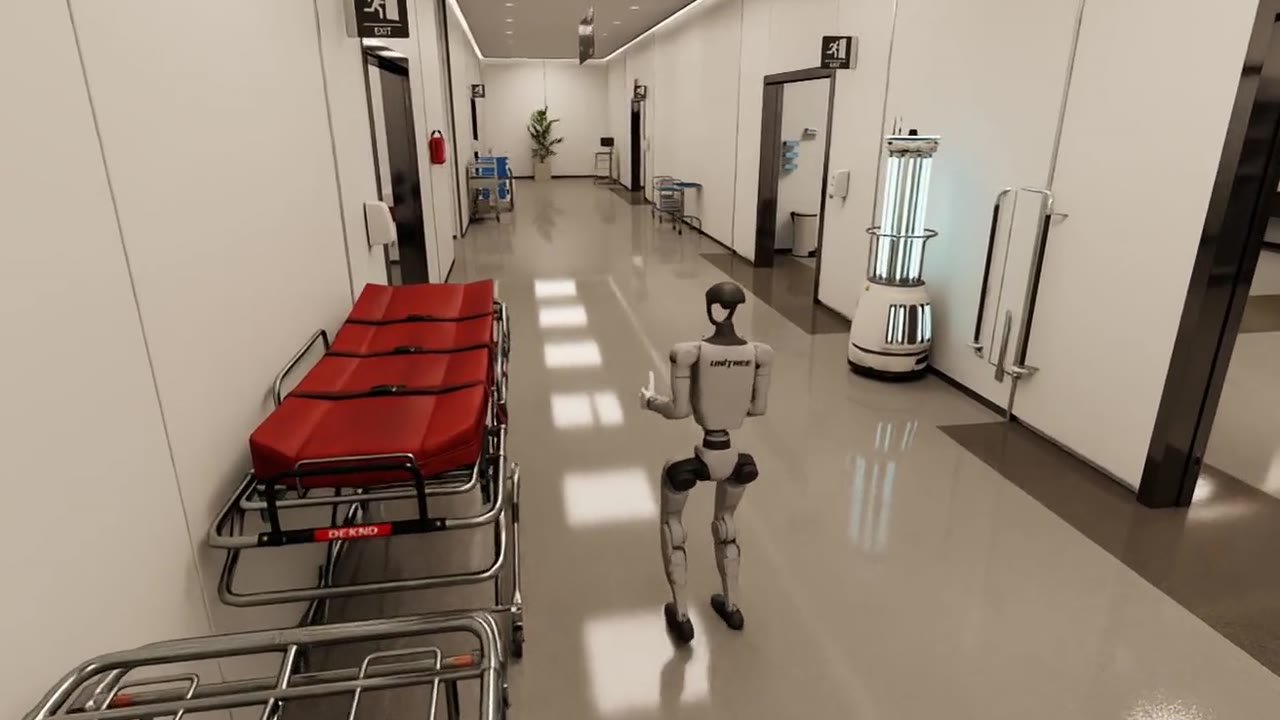 A Unitree G1 humanoid walking down a hospital corridor in the WardZero simulation
